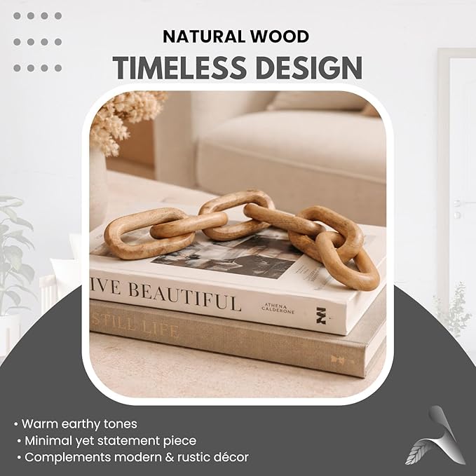 Boho Wooden Link Decor for Coffee Object for Coffee Table & Shelf Knot Sculpture, Farmhouse Rustic Shelf Natural Wood Chain Links for Living Room, Entryway, Console,Office Home Accent