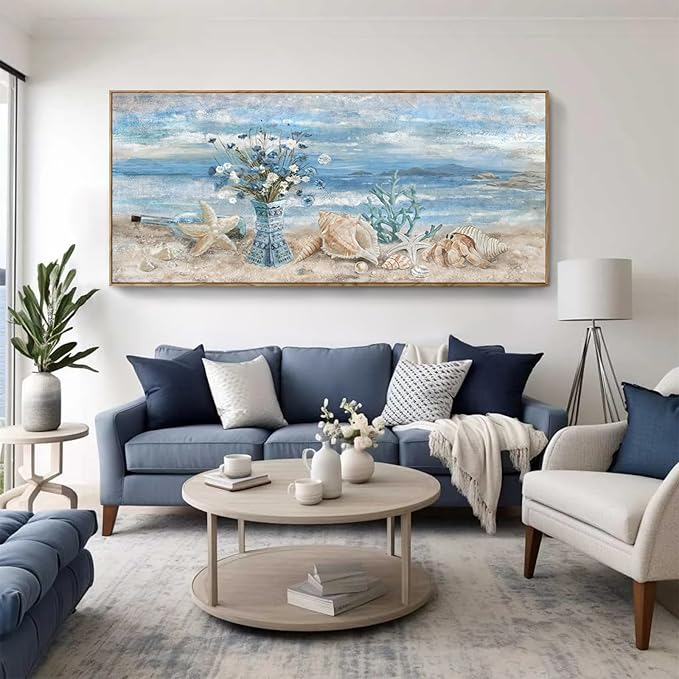 Nicetop Extra Large Framed Canvas Wall Art for Living Room Blue Ocean Theme Seascape Painting Beach Daisy Flower in Vase Coastal Landscape Calm Seaside Artwork for Sea Lake Bedroom Office 32x71inch