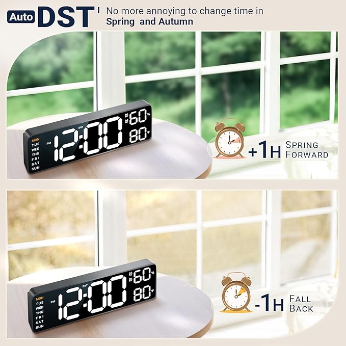 10" Digital Wall Clock: Dual Alarm Wall Mount Decor Clock for Living Room Classroom Office Desk, House Warming Gifts New Home Decor, Christmas Gift for Mom Dad Seniors Teen White