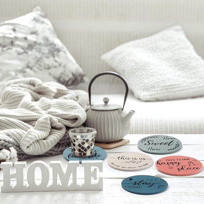 Queekay Coasters Set of 6 House Warming Gifts New Home Wooden Farmhouse Drink Coasters with Holder 4'' Funny Decoration for Kitchen Family Coffee Bar Tabletop Protection(Light Color)
