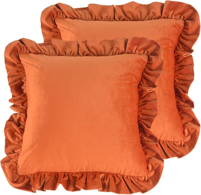 Velvet Ruffle Throw Pillow Covers Couch, Set of 2 Decorative Pillowcases with Ruffles 20x20 Inch Solid Color Shabby Chic Farmhouse Cushion Cover for Living Room Sofa Bed, Burnt Orange