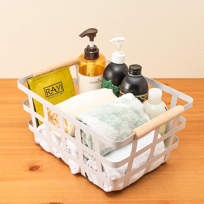 Wire Metal Baskets Storage Organizer Farmhouse Baskets with Wood Handles for Pantry Cabinets Store Fruit, Coffee, Spices, Pasta, Baking Supplies - White