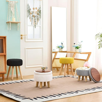 Wimarsbon Pouf Ottoman, 100% Cotton Knitted Boho Footstool, Round Footrest with Non-Skid Wood Legs, Home Décor Handmade Pouffe, Leisure Floor Step Stool for Living Room (Long Leg - Gery)