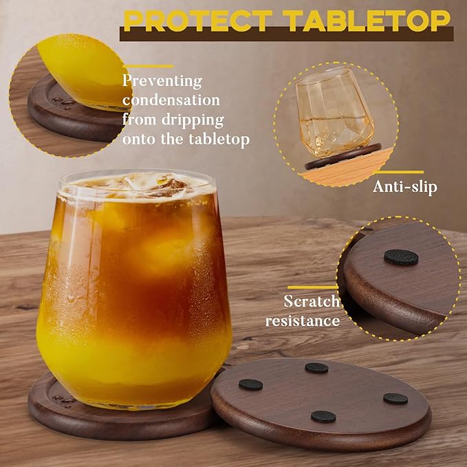 Wood Coasters with Holder, GOH DODD Set of 6 Walnut Wooden Coaster Tabletop Protection for Drinks Coffee Table Home Kitchen Office Bar Living Room Decor Housewarming Gifts Wedding Party