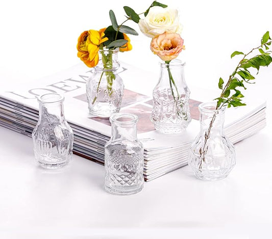 Glass Bud Vase Clear - Mini Vases 5Pcs/Set Bud Vases for Flowers Cute Clear Vintage Small Glass Vases Bud vases in Bulk for Decor, Home Table Centerpieces, Dinning, Wedding