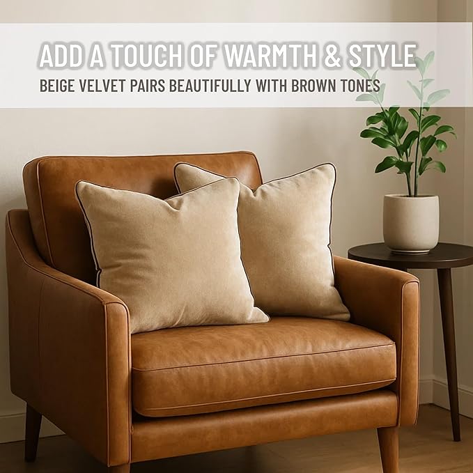 2 Pack Velvet Decorative Throw Pillow Covers, 18"x18", Beige and Brown, Solid, Modern, Contrast Piping, Indoor Use, Bedroom & Living Room