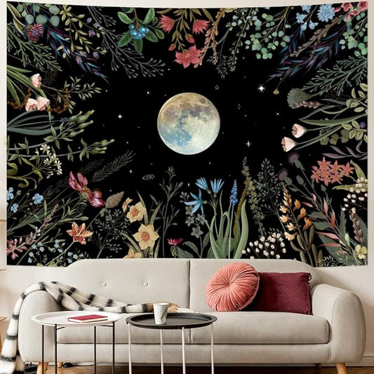 Amhokhui Moonlit Garden Tapestry Boho Moon Tapestry Floral Flower Tapestries Colorful Plants Tapestries Black Wall Hanging Decor for Home