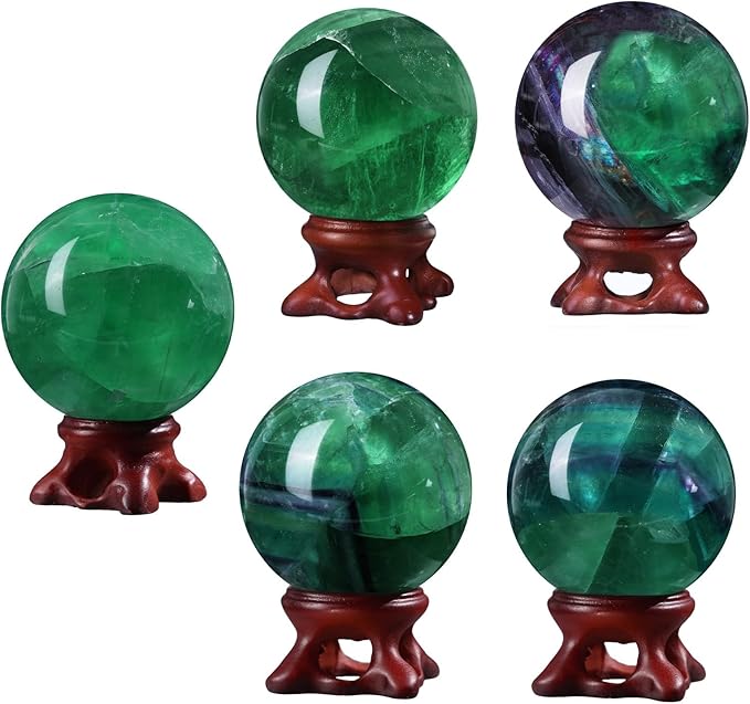 SUNYIK Natural Fluorite Ball Sphere with Resin Stand Polished Crystal Sphere Stone Figurine Decor for Home Office Tabletop, 1.6-1.9"(41-50mm)