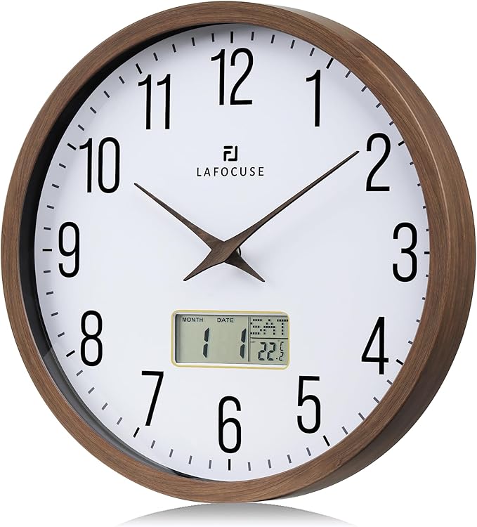 Lafocuse 12 Inch Silent Brown Wall Clock with Time Day Date Temperature, Battery Operated Wall Clock Analog and Digital with Calendar for Kitchen Living Room Home Décor