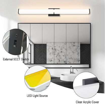 39.96Inch 3600LM Bathroom Light Fixtures 5CCT Optional, Black Modern LED Vanity Light Clear & White Shade, Dimmable Bathroom Lighting Fixtures Over Mirror - ETL Listed