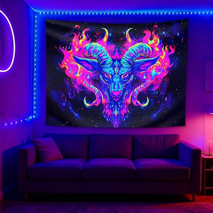 seewan Black Light Aries Tapestry, Glow-in-the-Dark UV Neon Ram Head with Galaxy Flames Tapestry, Psychedelic Constellation Wall Hanging, Bedroom Dorm Living Room Background Decor