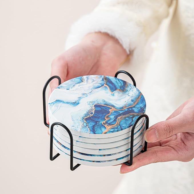 Ceramic Drink Coasters Set of 6 with Holder, Modern Marble Absorbent Ceramic Coasters, Round Ceramic Table Coasters for Home Decor Coffee Kitchen (4 Inches), Sky Blue