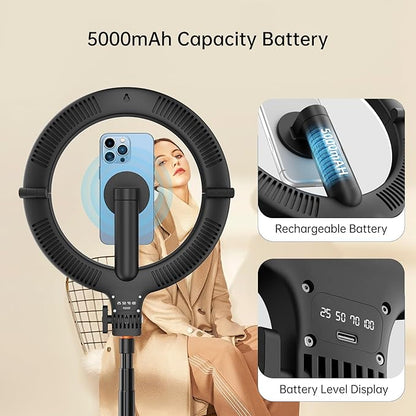 10.2" Magnetic Ring Light with 64" Tripod for iPhone Mag Safe, 5000mAh Rechargeable Ring Light with Stand, 3000k-6500K Phone Tripod with Light for Video, Photography, Live Stream, TikTok, YouTube