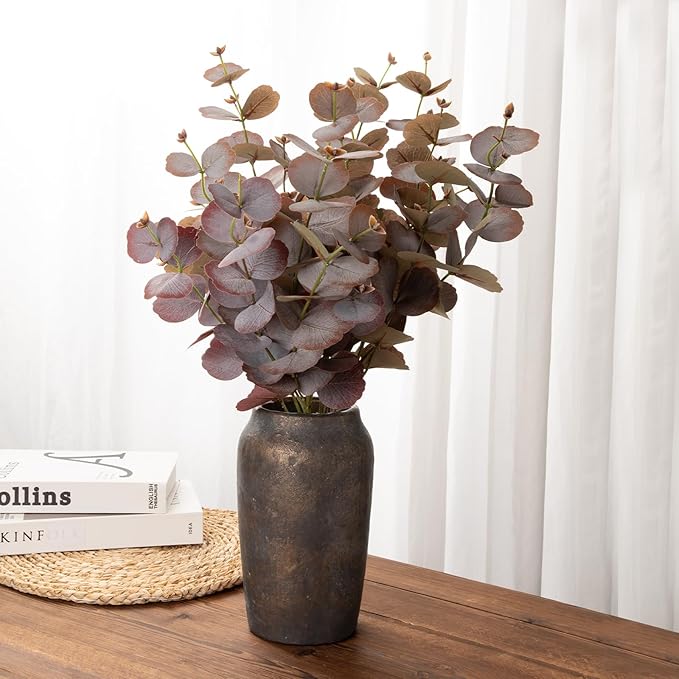 Briful 9.06'' Large Ceramic Rustic Vase Shabby Vintage Textured Vase, 4.33'' Wide Mouth Pampas Vases for Fake Flowers Branches, Farmhouse Home Décor, Weddings Shelf Table Decor, Brown