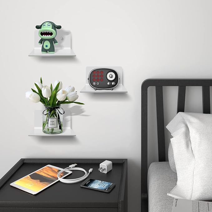 3 Pack Small Floating Shelves - 4'' Acrylic Mini Wall Shelf for Bedroom, Bathroom, Living Room, Office (2 Types of Installation
