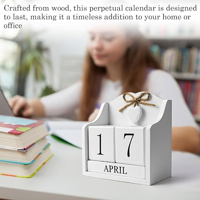 Rustic Wooden Desk Calendar - Adjustable Perpetual Cube (5.7x5.9in), White European-Style for Home Office Decor, Photography Prop