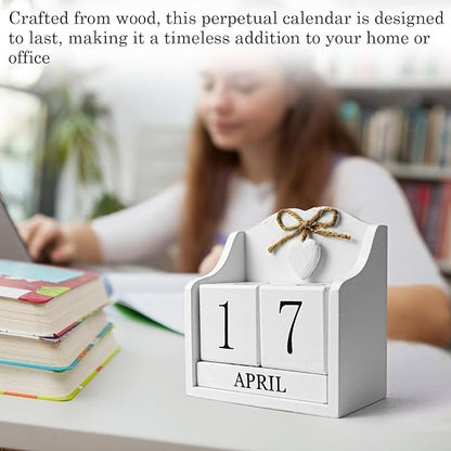 Rustic Wooden Desk Calendar - Adjustable Perpetual Cube (5.7x5.9in), White European-Style for Home Office Decor, Photography Prop