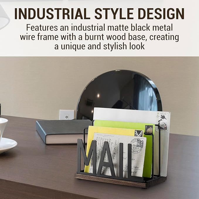 MyGift 3 Slot Industrial Matte Black Metal Wire Tabletop Mail Organizer with Burnt Wood Base – Modern Desktop Letter Sorter for Entryway, Office, or Home