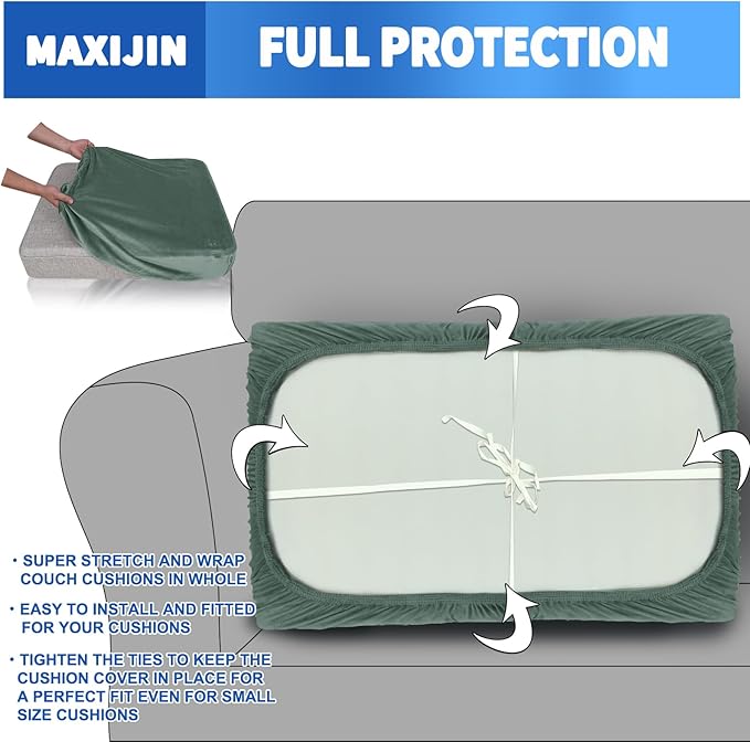 MAXIJIN Velvet Stretch Couch Cushion Covers Soft Sofa Cushion Cover Replacement Sofa Seat Cushion Slipcovers Furniture Protector with Elastic Bottom (1 Piece Sofa Cushion Cover, Pea Green)