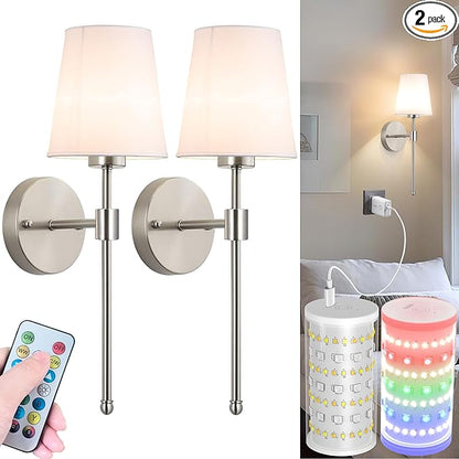 Battery Operated Wall Sconces Set Of 2, Wireless Battery Wall Light With 10000mAh RGB Rechargeable Magnetic Bulb, Rechargeable Wall Sconce With Remote Control For Bedroom, No Electrician Required
