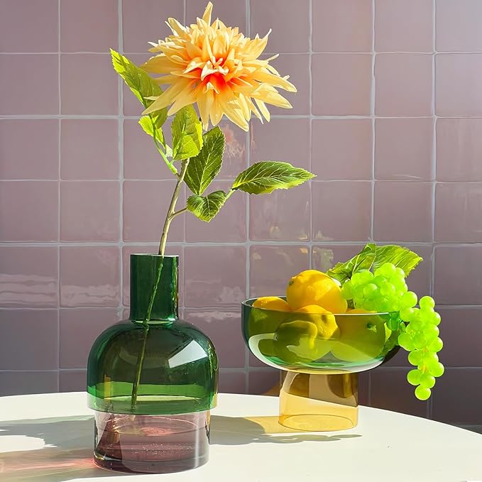 Cloudnola Large Reversible Glass Flower Vase and Bud Vase, Green and Pink, 9.5" Height x 5.6" Dia, Home, Wedding, and Event Decor