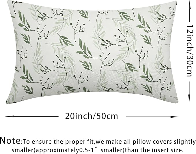 Sage Green Spring Pillow Covers 12x20 Set of 2 Leaves Throw Pillow Covers Neutral Pillowcase Linen Decoration Farmhouse Soft Decorative Plants Vintage Cushion Case Couch for Indoor Outdoor Home Decor