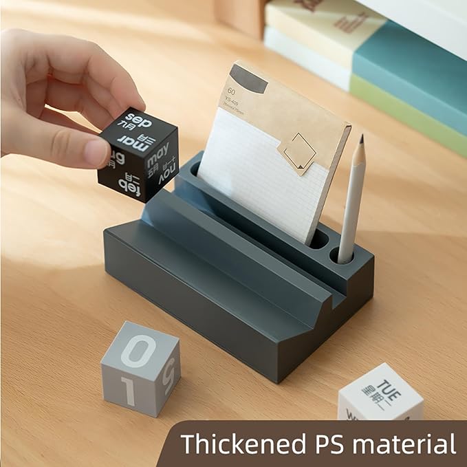 Block Calendar for Desk, Daily Desktop Perpetual Desk Calendar, Cute Date Display Blocks Desk Accessory for Home Office Decor, Teacher, Classroom, Reusable Yearly (Grey, With phone holder)