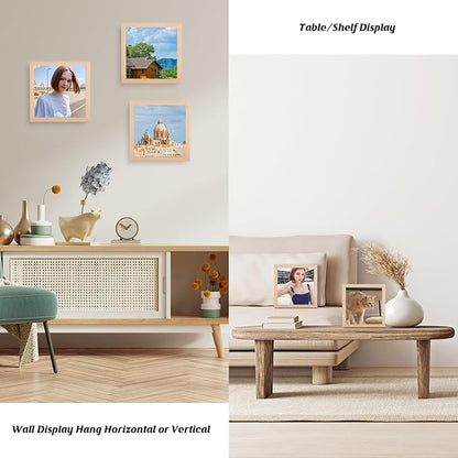 7x7 Frame Natural Woodgrain,Rustic 7x7 Picture Frame Beige, Pic Hanging Poster Frame, 7 by 7 Gallery Family Portrait Photo Frame Horizontal and Vertical Display for Wall Hanging/Tabletop