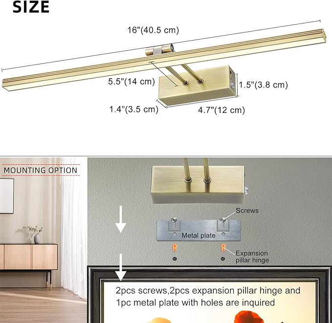 FUNCHDAY Picture Light,Battery Art Lights for Wall,Wireless Remote Painting Light with Timer and Dimmable,16”Metal Display Lighting for Artwork,Portrait,Gallery-Antique Brass