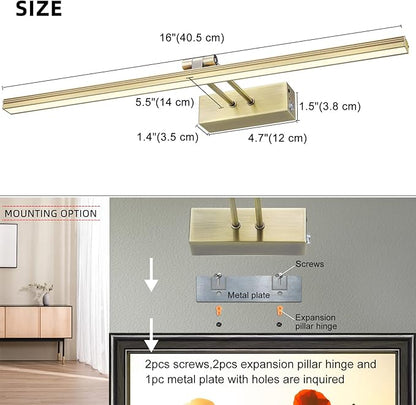 FUNCHDAY Picture Light,Battery Art Lights for Wall,Wireless Remote Painting Light with Timer and Dimmable,16”Metal Display Lighting for Artwork,Portrait,Gallery-Antique Brass