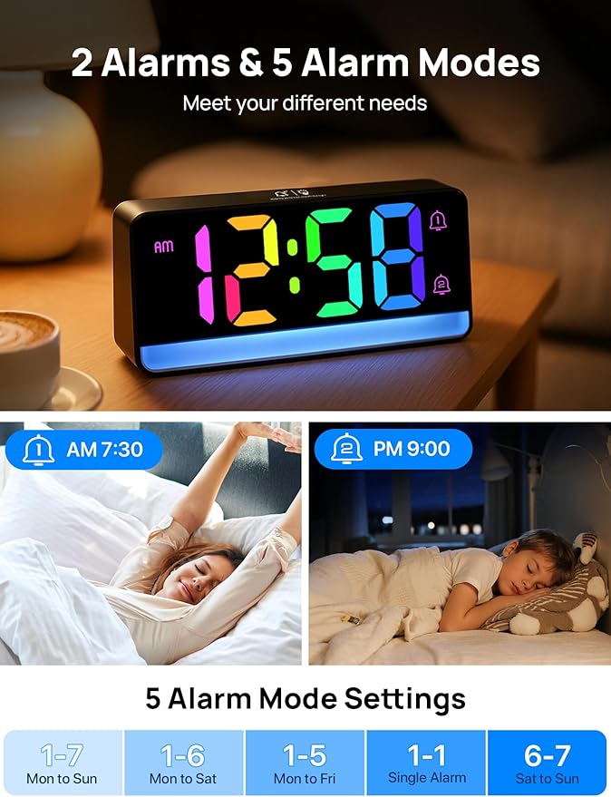 MASHI Loud Alarm Clock for Heavy Sleepers,Digital Clock with 12 Color NightLight,Adjustable Volume,Dynamic RGB Color, Snooze, DST Bedrooms Bedside,ok to Wake for Kids,Teens