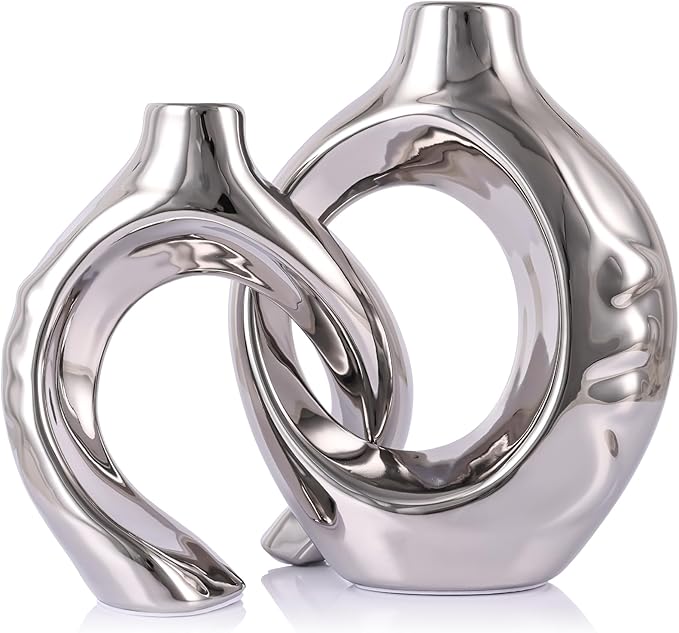 LCCCK Gold Ceramic Vases for Home Decor, Boho Vase for Flowers Pampas Grass Decorative, Hollow Donut Small Vase for Living Room Table Wedding Centerpiece Modern Vases (Silver)