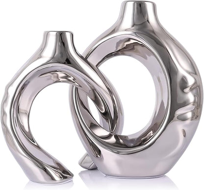 LCCCK Gold Ceramic Vases for Home Decor, Boho Vase for Flowers Pampas Grass Decorative, Hollow Donut Small Vase for Living Room Table Wedding Centerpiece Modern Vases (Silver)