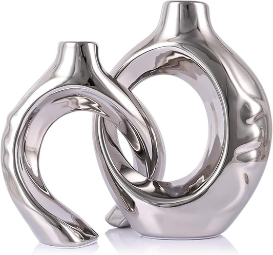 LCCCK Gold Ceramic Vases for Home Decor, Boho Vase for Flowers Pampas Grass Decorative, Hollow Donut Small Vase for Living Room Table Wedding Centerpiece Modern Vases (Silver)