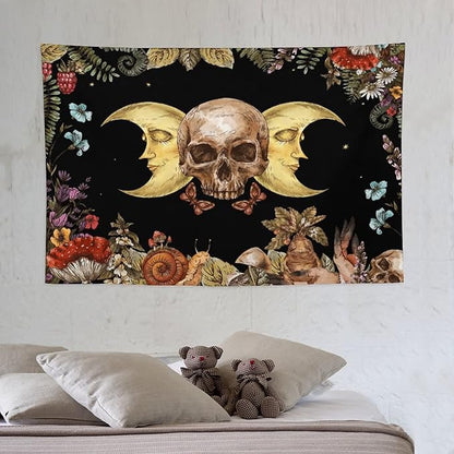Boho Moon Skull Tapestry,Vintage Sun Moon Hippie Mushroom Floral Plant Tapestries Wall Hanging for Dorm Living Room Bedroom Decor(40"x60")