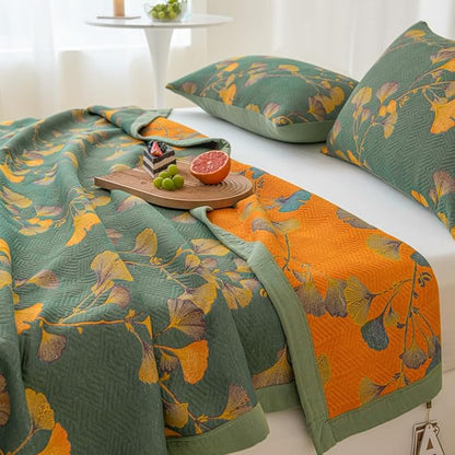100% Cotton Jacquard Quilt Floral Ginkgo Leaves Print,Soft Muslin Bed Cover 3 Layers Reversible Bedspread Coverlet Breathable Lightweight Bedding,Full/Queen(78"x94"), No Pillow Sham