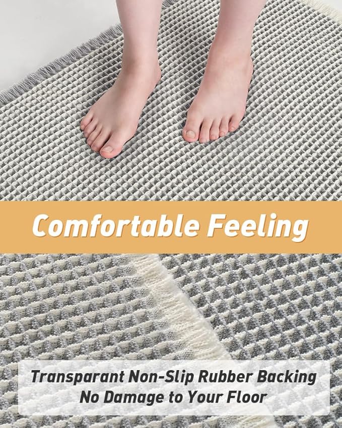 Upgraded Waffle Runner Rug Super Absorbent Non Slip Bath Mats for Bathroom Machine Washable Bathroom Runner Rug with Tassels, Ideal for Hallway Bedroom Laundry Room, 17" x 72", LightGrey & Cream