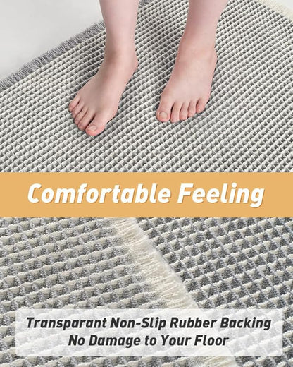 Upgraded Waffle Runner Rug Super Absorbent Non Slip Bath Mats for Bathroom Machine Washable Bathroom Runner Rug with Tassels, Ideal for Hallway Bedroom Laundry Room, 17" x 72", LightGrey & Cream