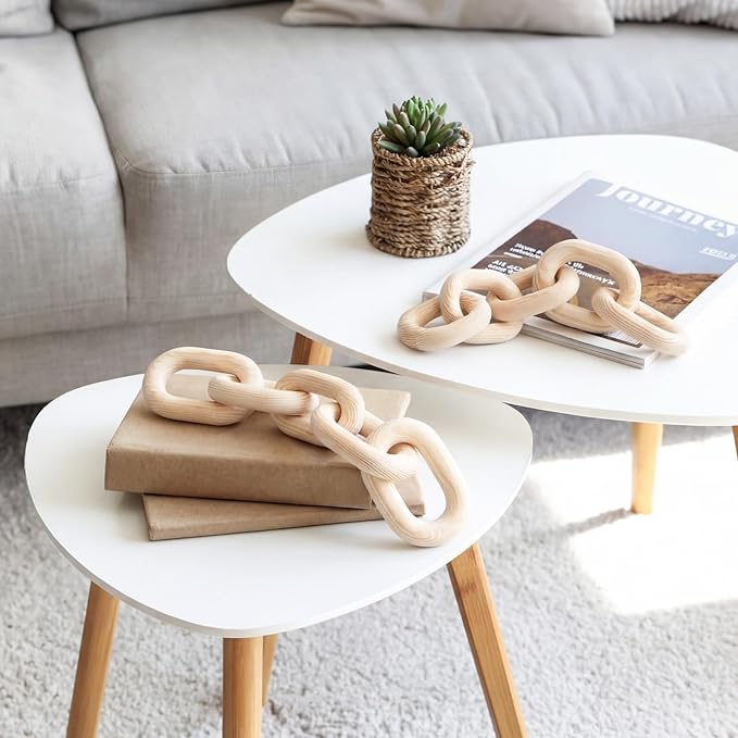 Queekay Decorative Wood Chain Link Decor Rustic 5 Link Wooden Chain Decor Ornament Farmhouse Home Decoration Hand Carved Wooden Crafts Ornaments for Coffee Table(Wood Color,13.78 Inch)