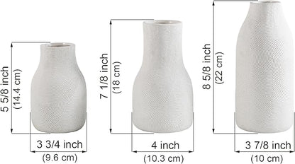 Decorative White Ceramic Vase Set for Modern Boho Home Decor – Set of 3 Textured Pottery Vases for Dried Flowers, Pampas Grass, Living Room, Shelf, or Entryway Display