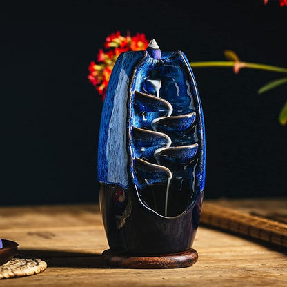 INONE Ceramic Incense Burner with 100 Upgraded Cones, Waterfall Backflow Incense Holder, Aromatherapy Ornament, Zen Decor, Home Decor, Room Decor (Blue)