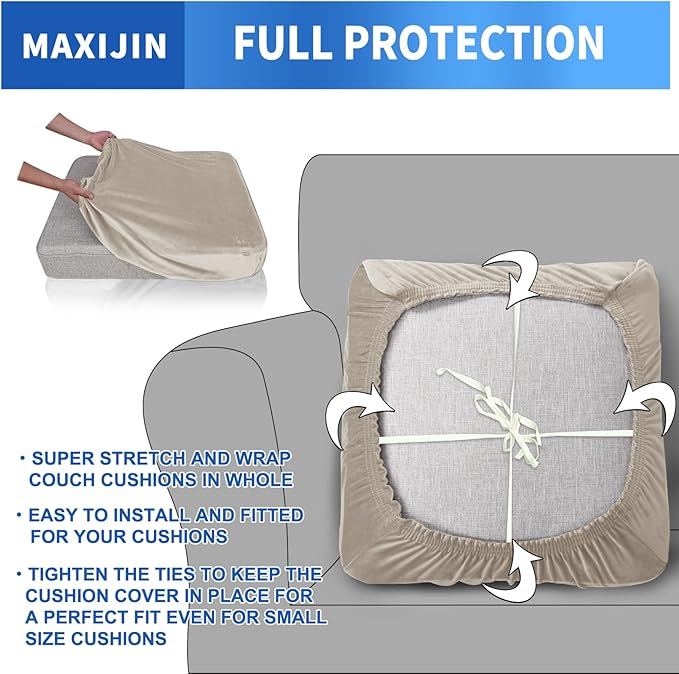 MAXIJIN Velvet Stretch Cushion Covers Couch Cushion Slipcovers Loveseat Sofa Cushion Covers for Individual Cushions with Elastic Bottom (2 Piece Loveseat Cushion Covers, Khaki)