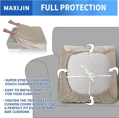 MAXIJIN Velvet Stretch Cushion Cover Fitted Couch Cushion Slipcovers 1 Pack Arm Chair Seat Cushion Cover for Individual Cushion Sofa Chair with Elastic Bottom (Chair Cushion, Khaki)