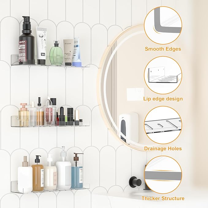 LAZYROSY 4 Pack Floating Shelves – Clear Acrylic/PET Wall-Mounted No Drill Storage with Adhesive, Invisible Bathroom & Bedroom Shelving for Kitchen, Living Room, Transparent Decor