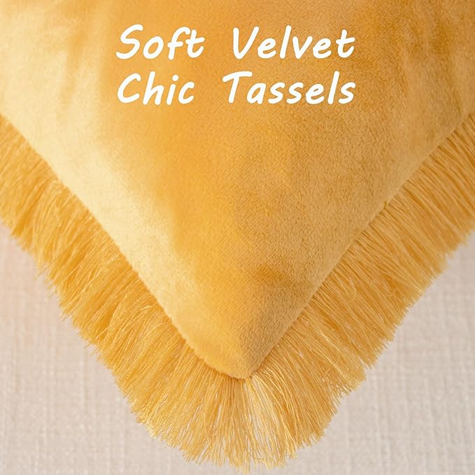 FUTEI Orange Velvet Decorative Throw Pillow Covers 16x16 Set of 2,Soft Cozy Edge with Tassels Cushion Case,Boho Modern Home Decor for Couch Bed Living Room