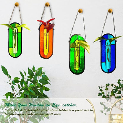 LITMIND Transparent Blue Stained Glass Propagation Station - Handcrafted Suncatcher Hanging Planter with 2 Glass Tubes, Multi-Color Hydroponic Wall Décor for Windows, Home & Garden