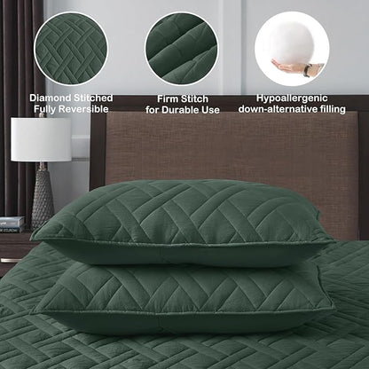 HORIMOTE HOME Quilt Set Queen Size Dark Green, Classic Geometric Diamond Stitched Pattern, Ultra Soft Microfiber Lightweight Bedding Bedspread Coverlet for All Season with 1 Quilt 2 Pillow Shams