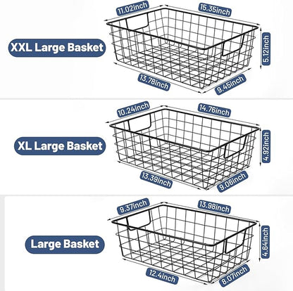 Wetheny 3 Pack Extra Large Wire Basket with Metal Handles, Metal Basket for organizers and storage, Wire Storage Baskets for Pantry, Cabinet, Fridge, Kitchen, Wardrobe, Garage, Bathroom, Black