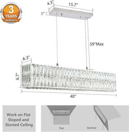 IKK Modern Rectangle Chandelier for Dining Room, Crystal Chandeliers with Stainless Steel in Chrome, Large Rectangular Pendant Light for Kitchen Island L40 x W6.7 x H6.3