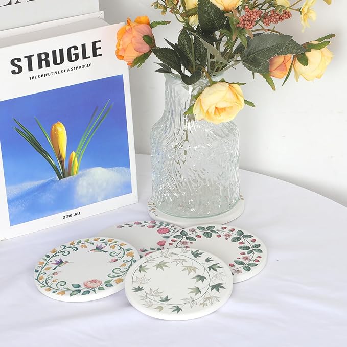 Ceramic Coasters Set of 6 with Holder, Wreath Style, Absorbent Drink Coaster Set for Home Decor, Cups, Mugs and Glasses (Sage Green Floral Wreath)
